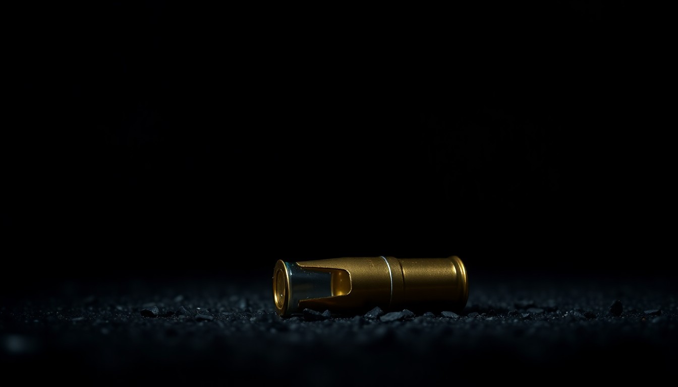 An extreme close-up photograph of a discarded handgun cartridge on the ground, the metallic casing reflecting the harsh light and creating a gritty, investigative aesthetic.
