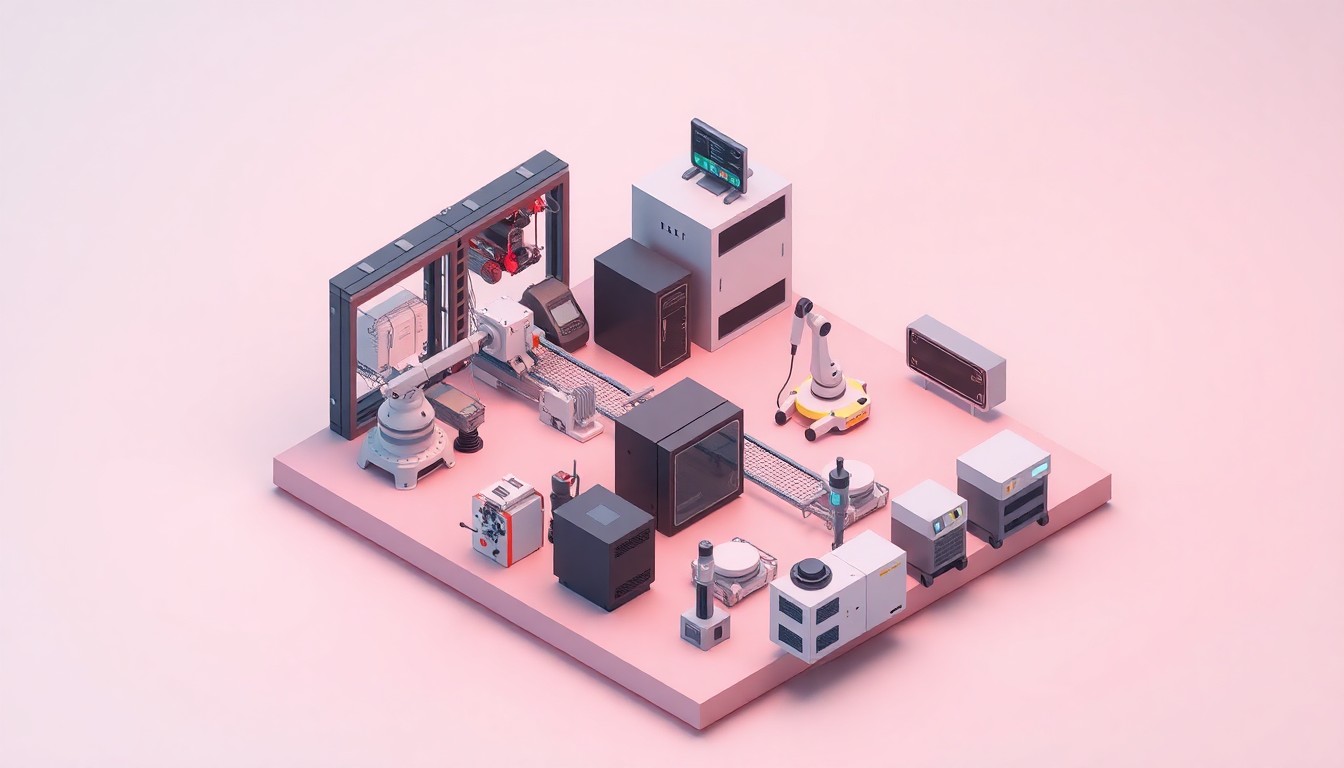 A stylized, isometric 3D digital illustration depicting a miniature, conceptual manufacturing environment with an automated assembly line, robotic arms, and various industrial equipment, representing the advanced technology being donated to a technical school's mechatronics program.