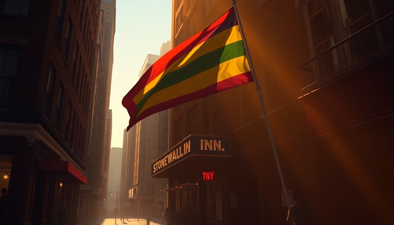 A warm, cinematic painting depicting the Stonewall Inn in New York City, with the rainbow Pride flag flying prominently in the foreground, conceptually representing the continued recognition of LGBTQ+ history at this historic site.