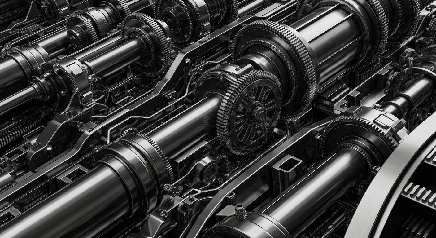 An extreme close-up of intricate, metallic banking machinery and mechanisms, conveying the complex financial infrastructure behind Wall Street's performance.