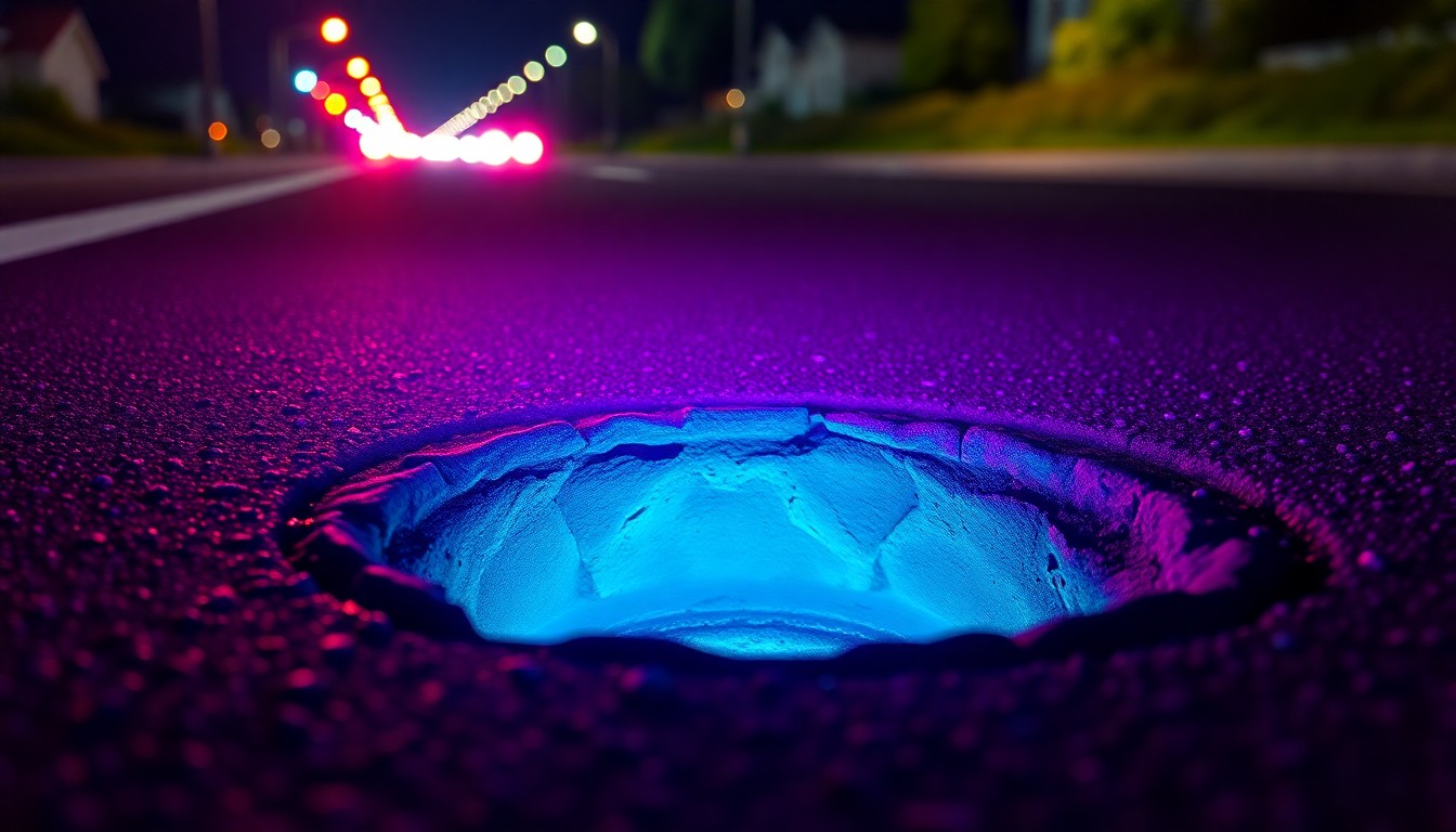 A highly detailed, glowing 3D macro illustration of a pothole in the road, illuminated by neon cyan and magenta lights, conceptually representing how autonomous vehicle sensors can detect and report infrastructure issues.