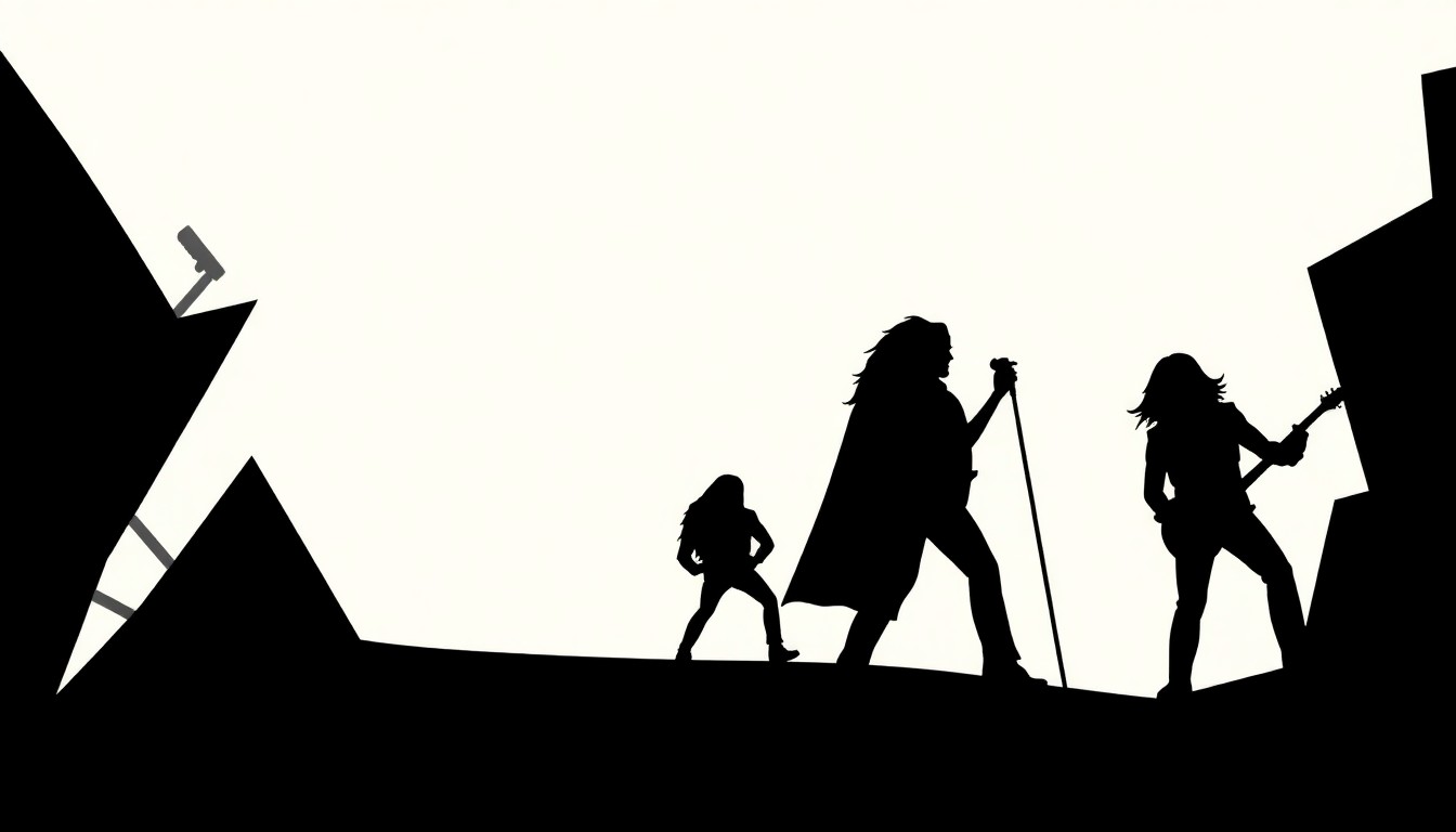 A bold, abstract illustration featuring jagged, geometric silhouettes of the Electric Mayhem band members in a high-contrast, minimalist style, capturing the energy and spirit of the reimagined Rock 'n' Roller Coaster.