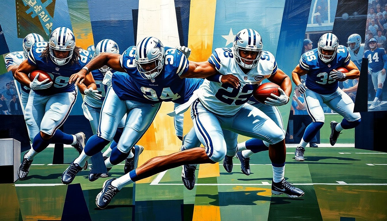 A cubist-style painting depicting a football linebacker in the midst of a tackle, with the player's body and the ball carrier fragmented into sharp, overlapping geometric shapes in the Cowboys' team colors of navy blue, silver, and white.