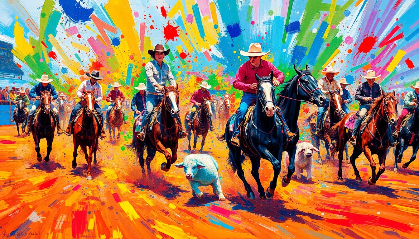 An abstract expressionist painting in vibrant neon colors, capturing the kinetic energy and motion of a collegiate rodeo competition through sweeping brushstrokes and fragmented, dissolving forms.