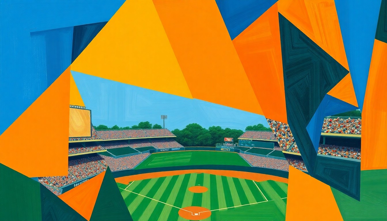 A cubist, geometric painting depicting a college baseball game broken down into overlapping planes of bright orange, deep blue, and forest green, conceptually representing the Aggies' struggles to balance their offensive firepower and defensive miscues.