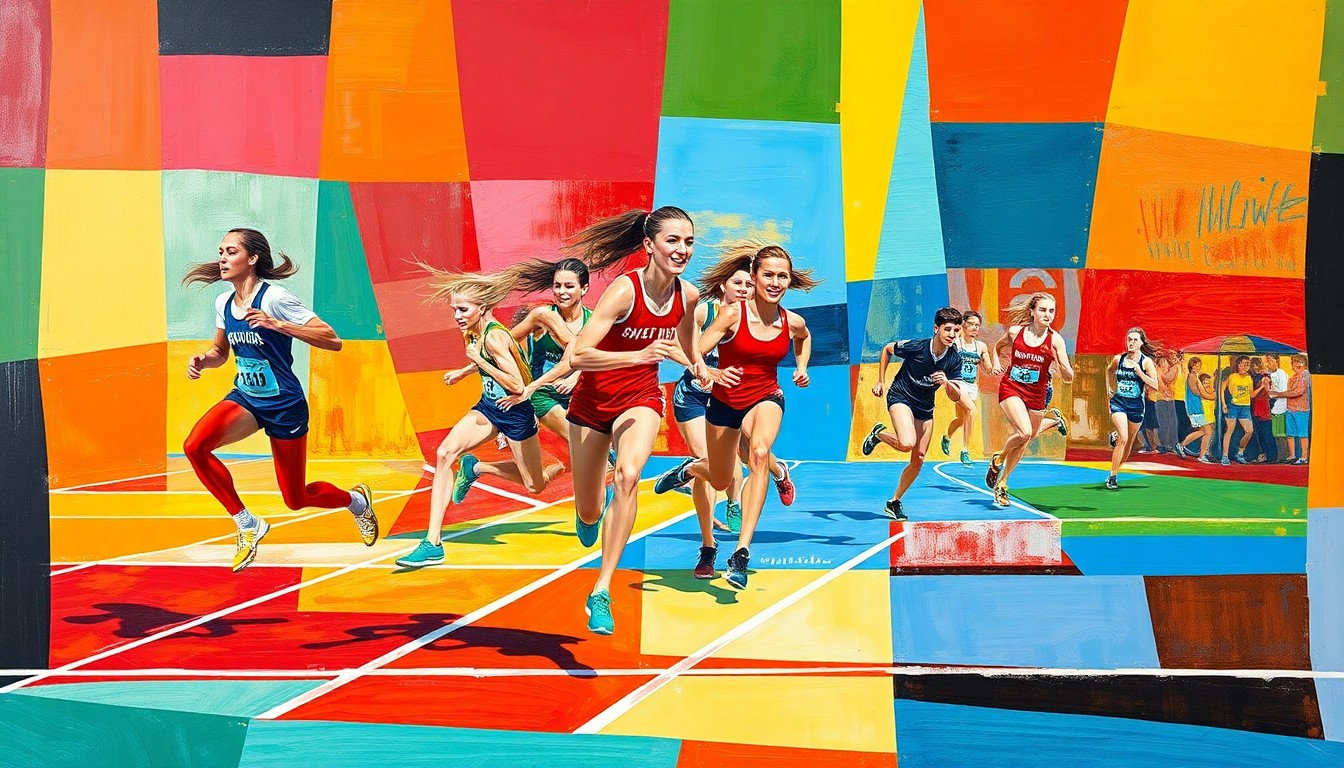 A vibrant, cubist-style painting depicting a girls' track race broken down into fragmented, overlapping geometric shapes and planes of bold colors, capturing the dynamic energy of the competition.