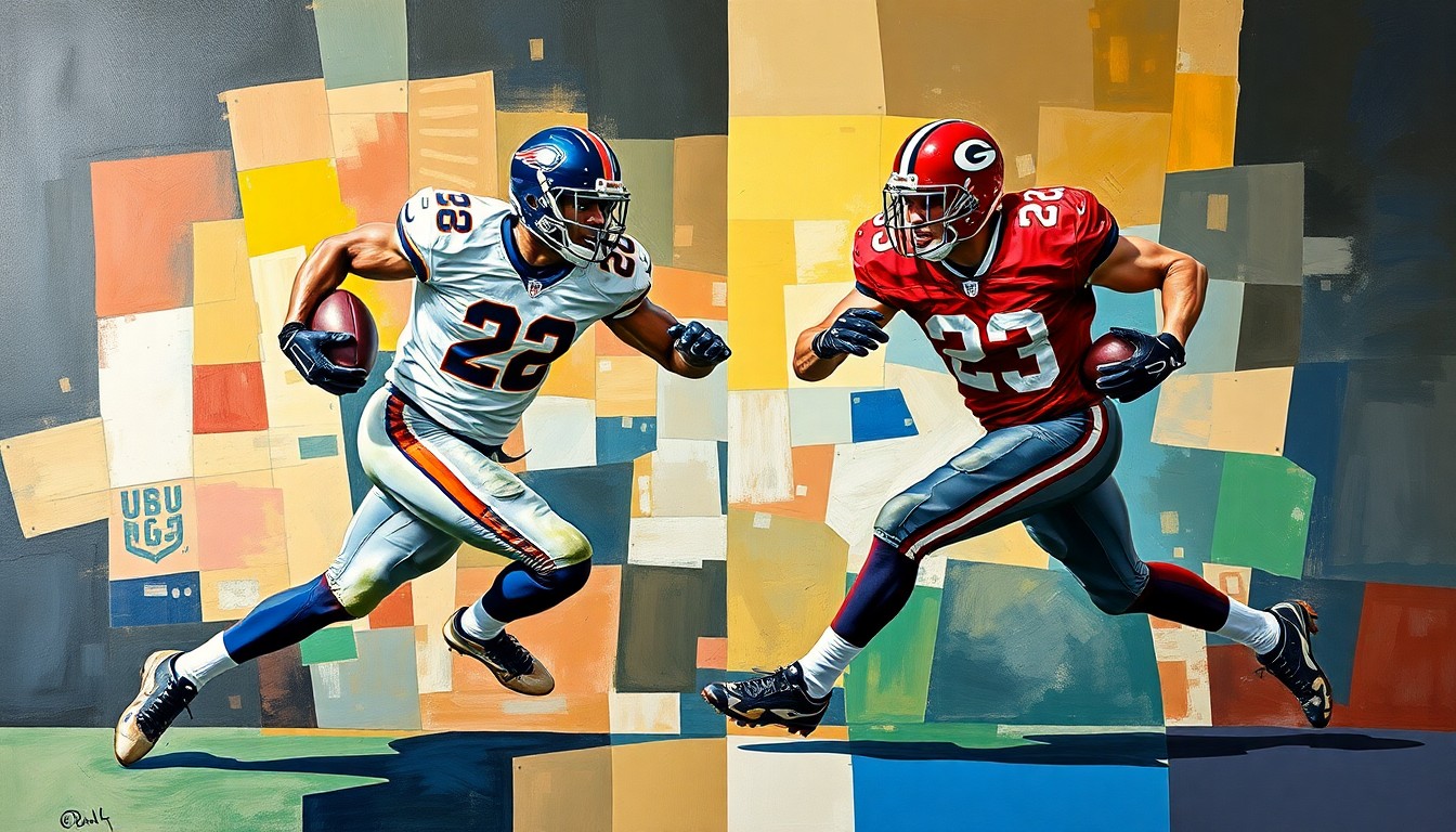 A fragmented, geometric painting depicting the dynamic movements and powerful poses of two football players, their identities obscured into an abstract, cubist composition.