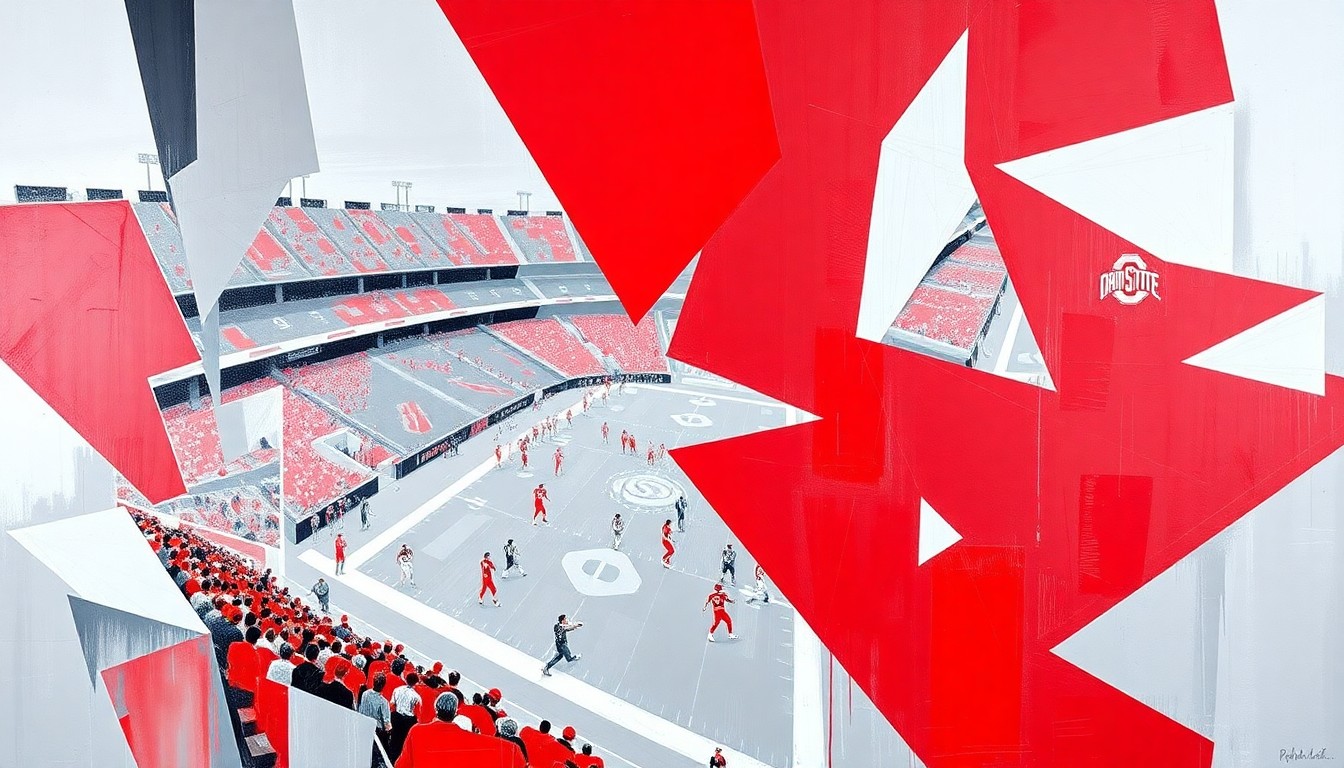 A cubist, geometric painting depicting an Ohio State football game, with sharp, overlapping planes of scarlet red, gray, and white capturing the raw energy and physicality of the sport.