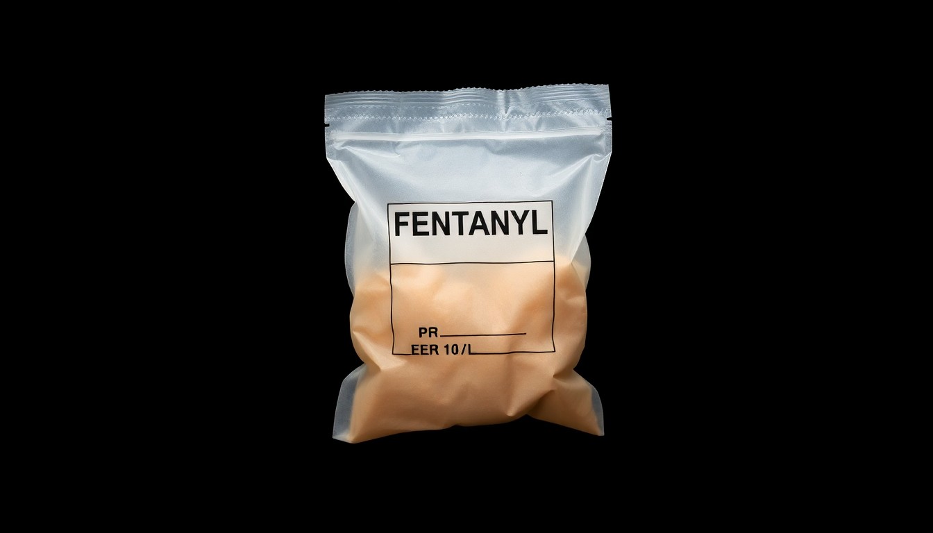 An extreme close-up photograph of a single fentanyl bag, its plastic material and contents visible under harsh, direct lighting against a pitch-black background, conveying the serious, investigative nature of the discovery.