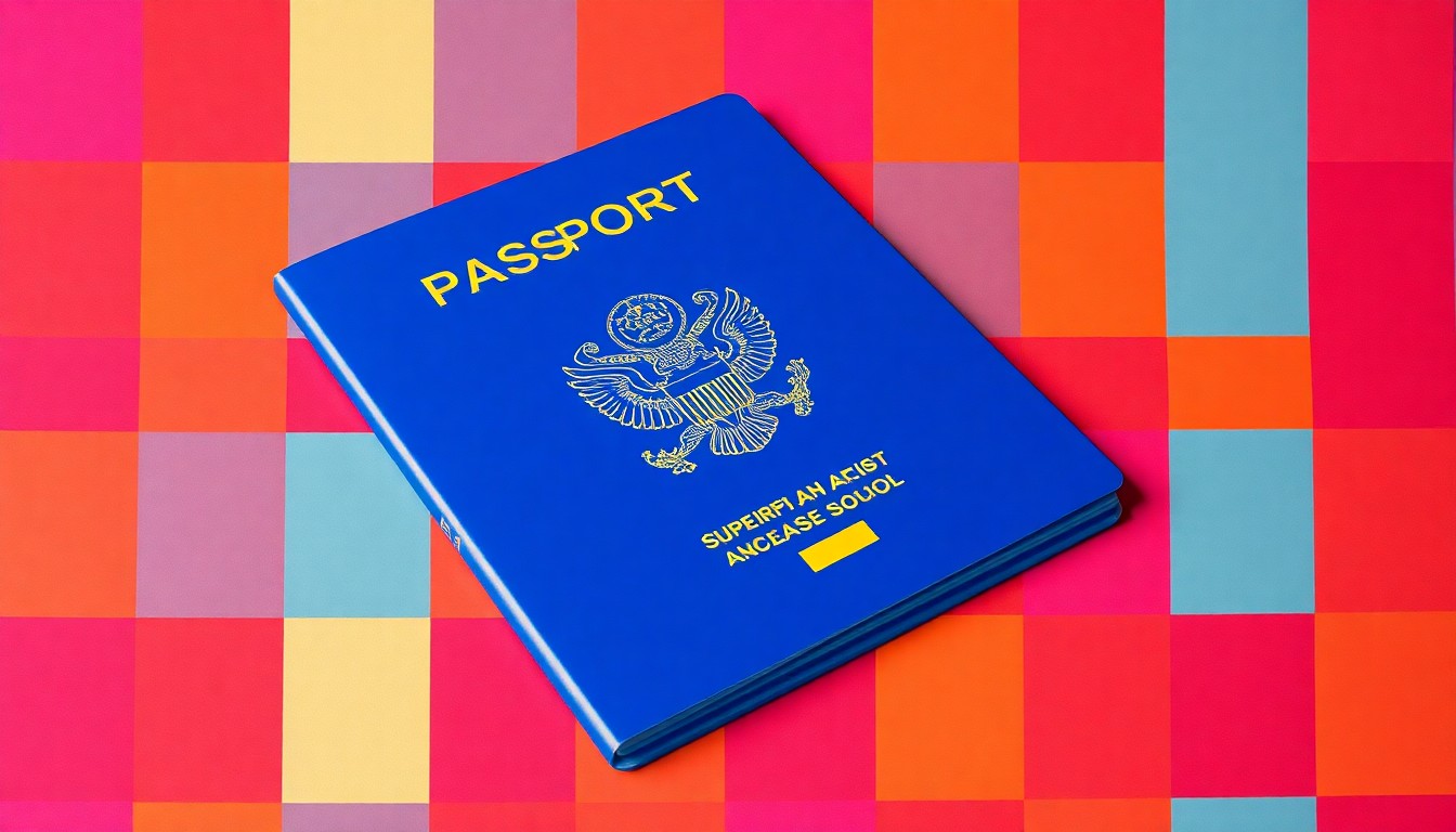 A bold, colorful silkscreen-style illustration featuring a repeating pattern of a passport, rendered in a vibrant neon color palette with heavy black outlines, conceptually representing the accessibility of passport services for the local community.