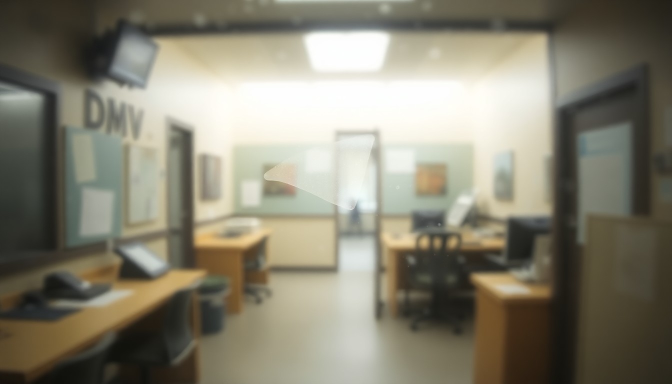 An extremely abstracted, out-of-focus photograph depicting a blurred and hazy DMV office interior with muted colors and soft light, conceptually representing the disruption caused by the temporary closure.