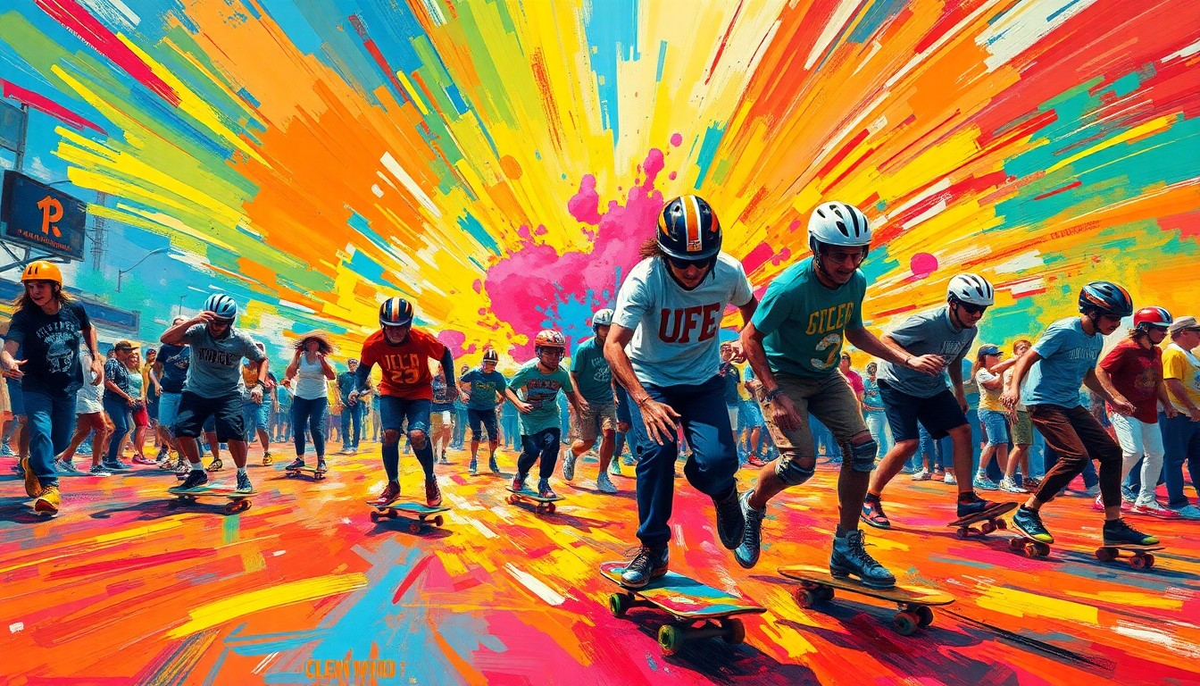 An abstract, energetic painting with vibrant neon brushstrokes depicting the dynamic motion of skateboarders and roller skaters at a community event.