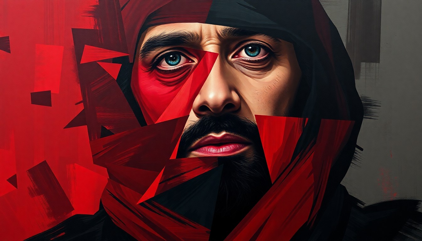 A fragmented, abstract painting of a man's face in overlapping waves of dark, muted colors, conveying the threat of violence against a political dissident.