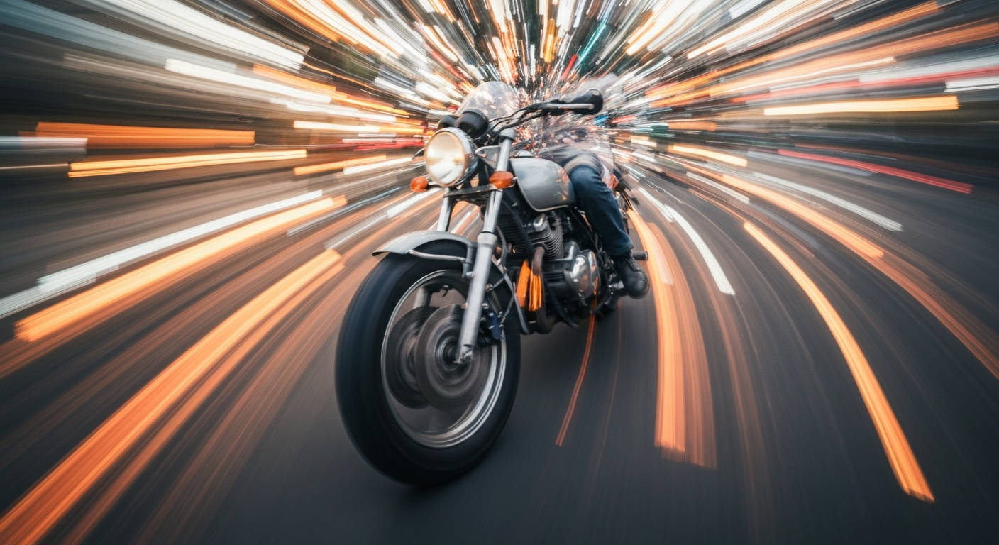 An abstract, blurred image of a motorcycle in motion, with streaks of vibrant colors representing the speed and energy of riding.