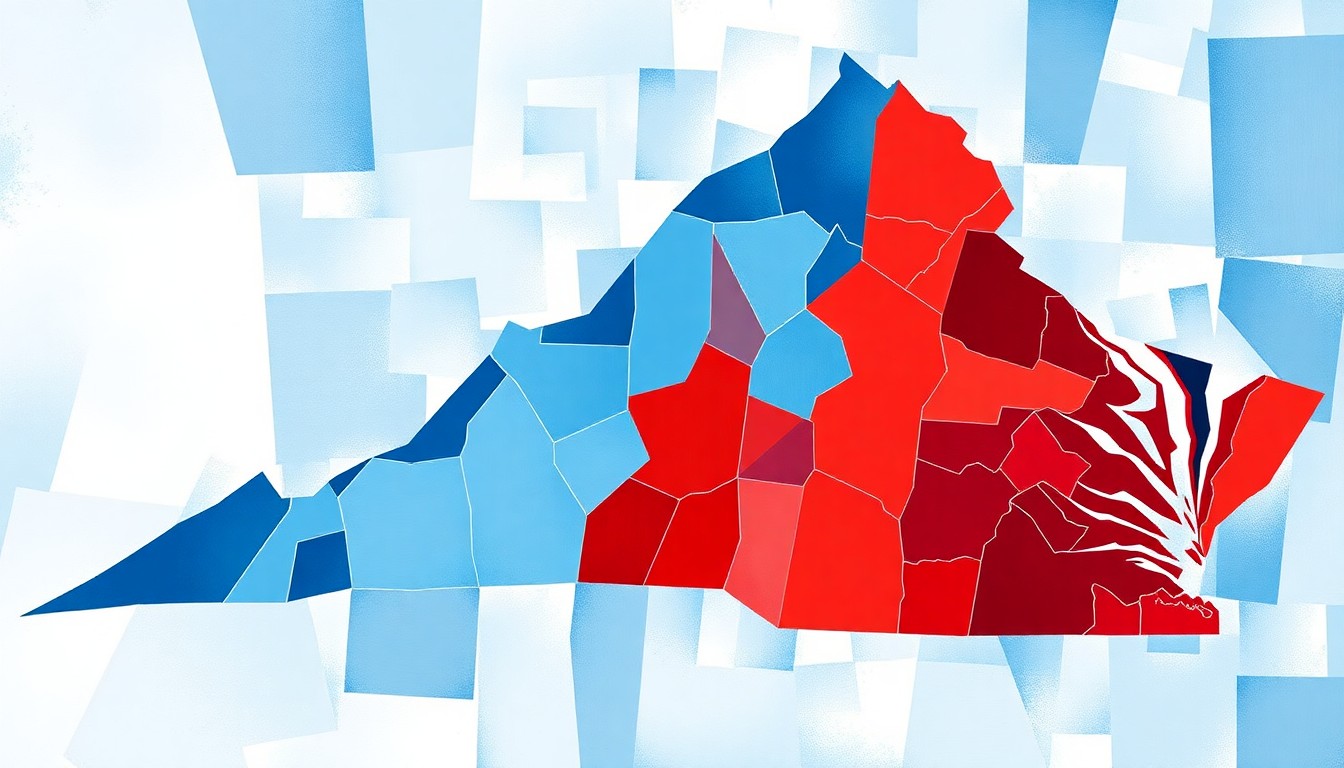 A vibrant, abstract painting depicting the state of Virginia in overlapping waves of blue and red, with the boundaries of Fairfax County distorted and fragmented, conveying the contested nature of the state's political geography.