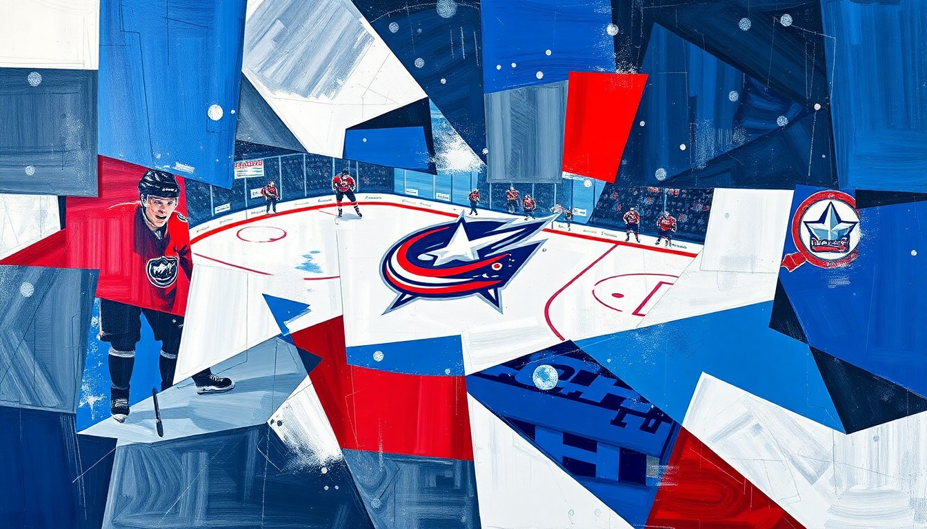 A fractured, multi-angled painting depicting a Blue Jackets hockey game, with sharp geometric shapes and planes of blue, red, and white representing the team's struggle to maintain intensity and composure in crucial moments.