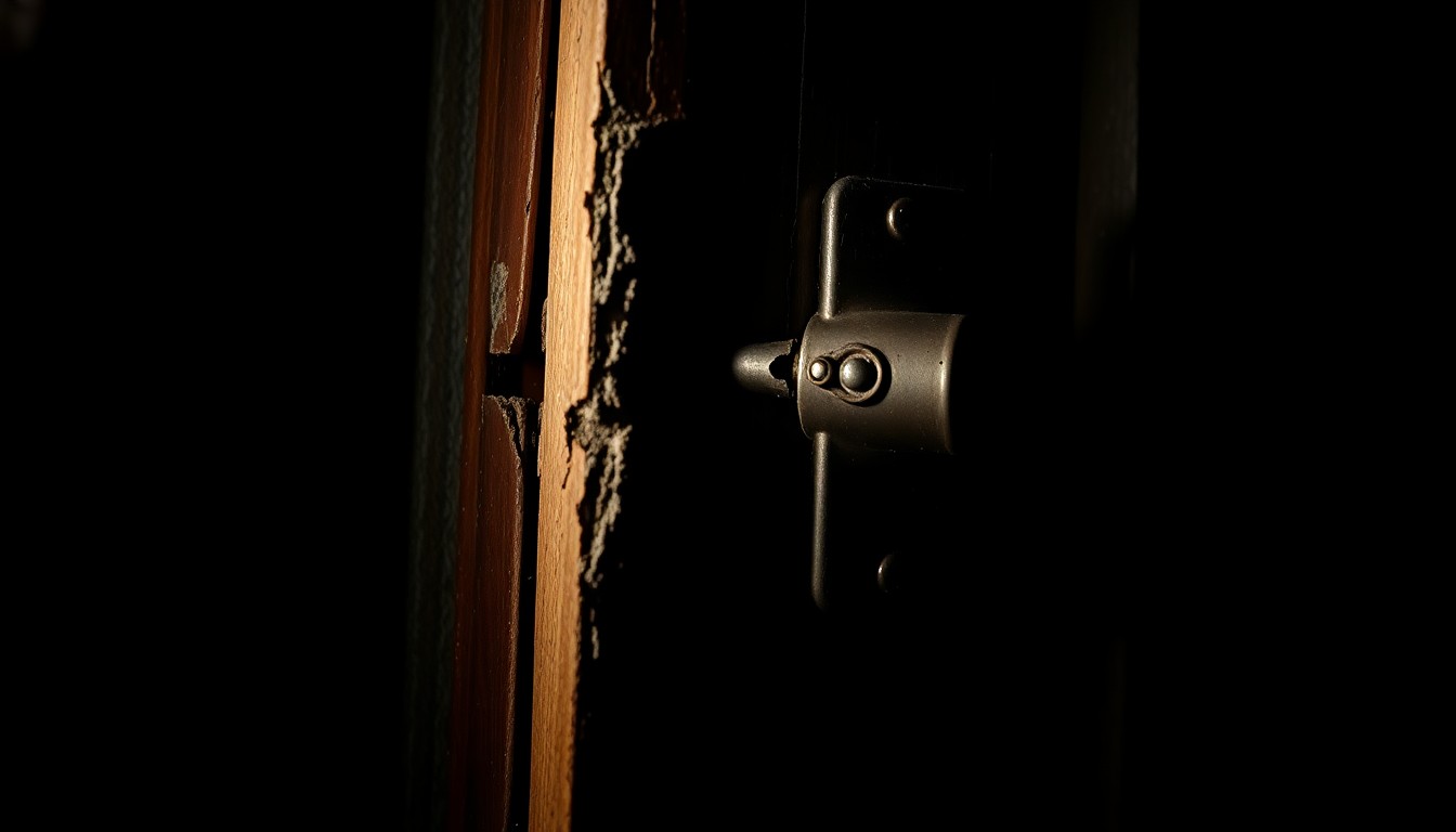 An extreme close-up photograph of a damaged door frame, lit by a harsh, direct camera flash against a pitch-black background, conveying a sense of the gritty aftermath of a break-in.