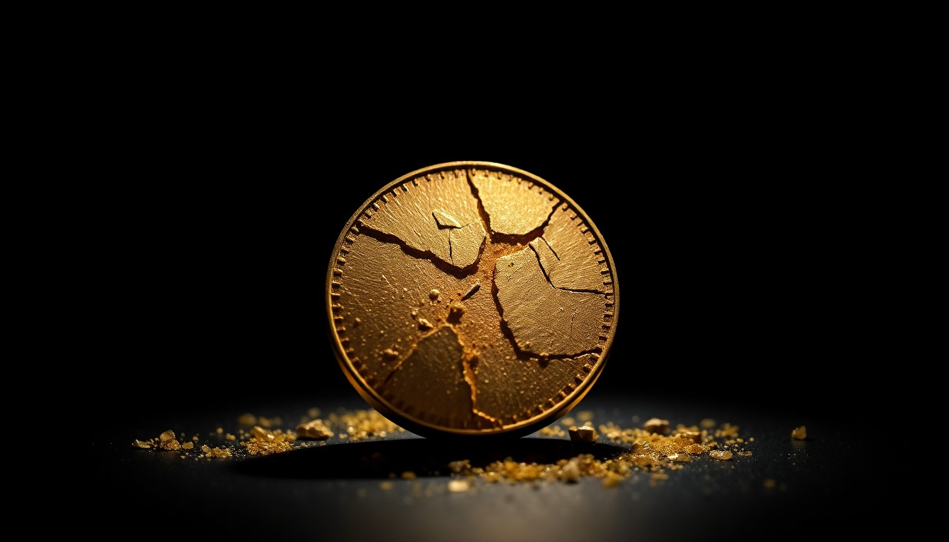 An extreme close-up photograph of a shattered gold coin or jewelry fragment, capturing the gritty, investigative aesthetic of a crime scene through dramatic lighting and shallow depth of field.