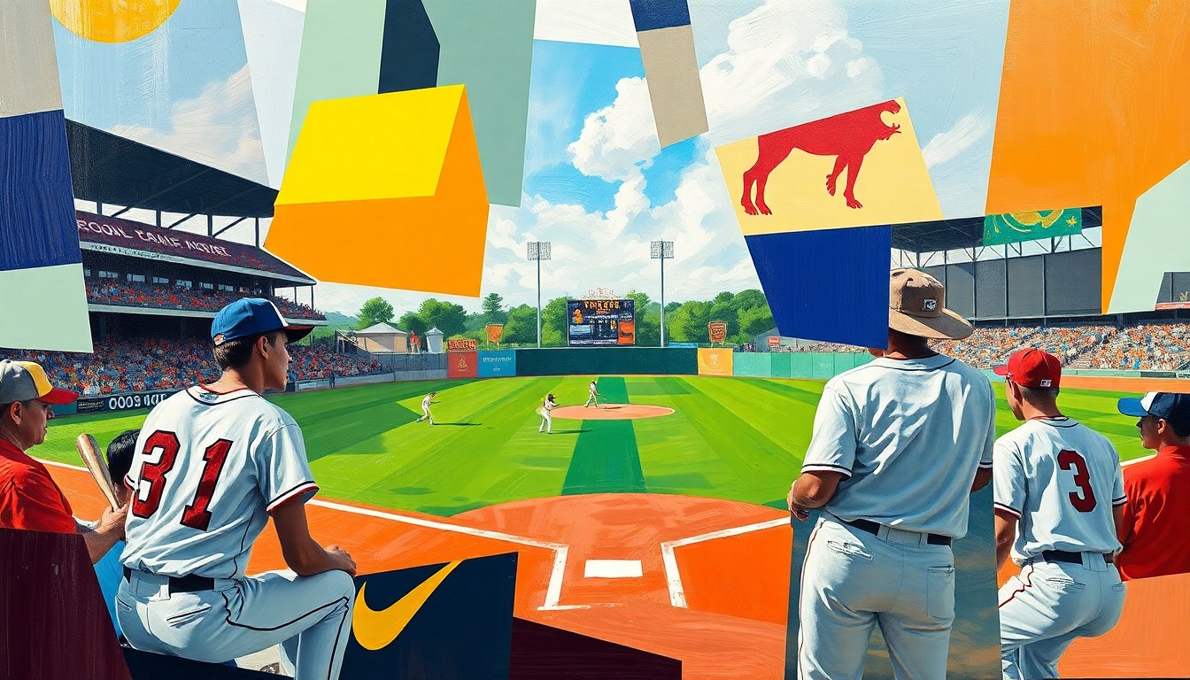 A fragmented, geometric painting in bold colors depicting the motion and dynamics of a high school baseball game, with no identifiable players or teams.