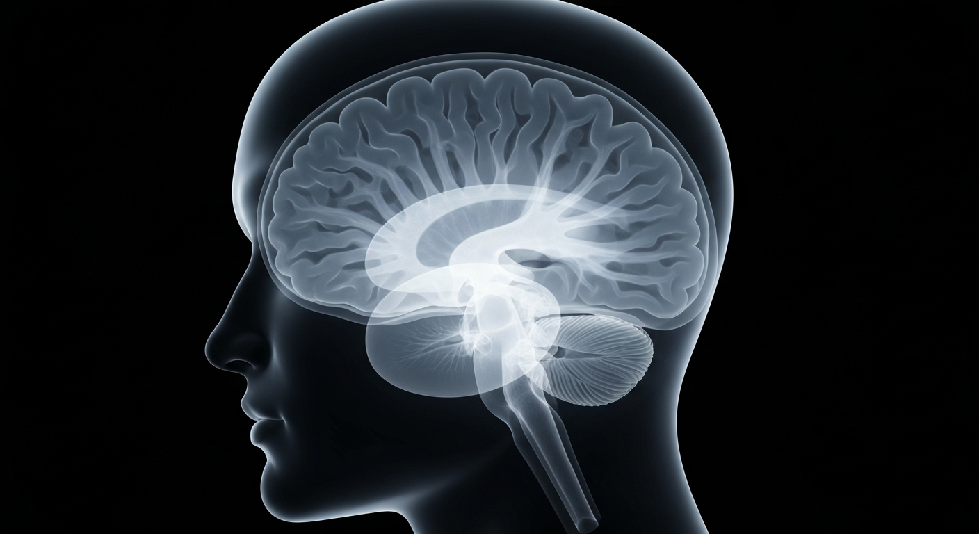 A ghostly, translucent X-ray image revealing the intricate internal structures of a human brain, glowing faintly against a dark background, conceptually representing the complexities of mental health treatment.