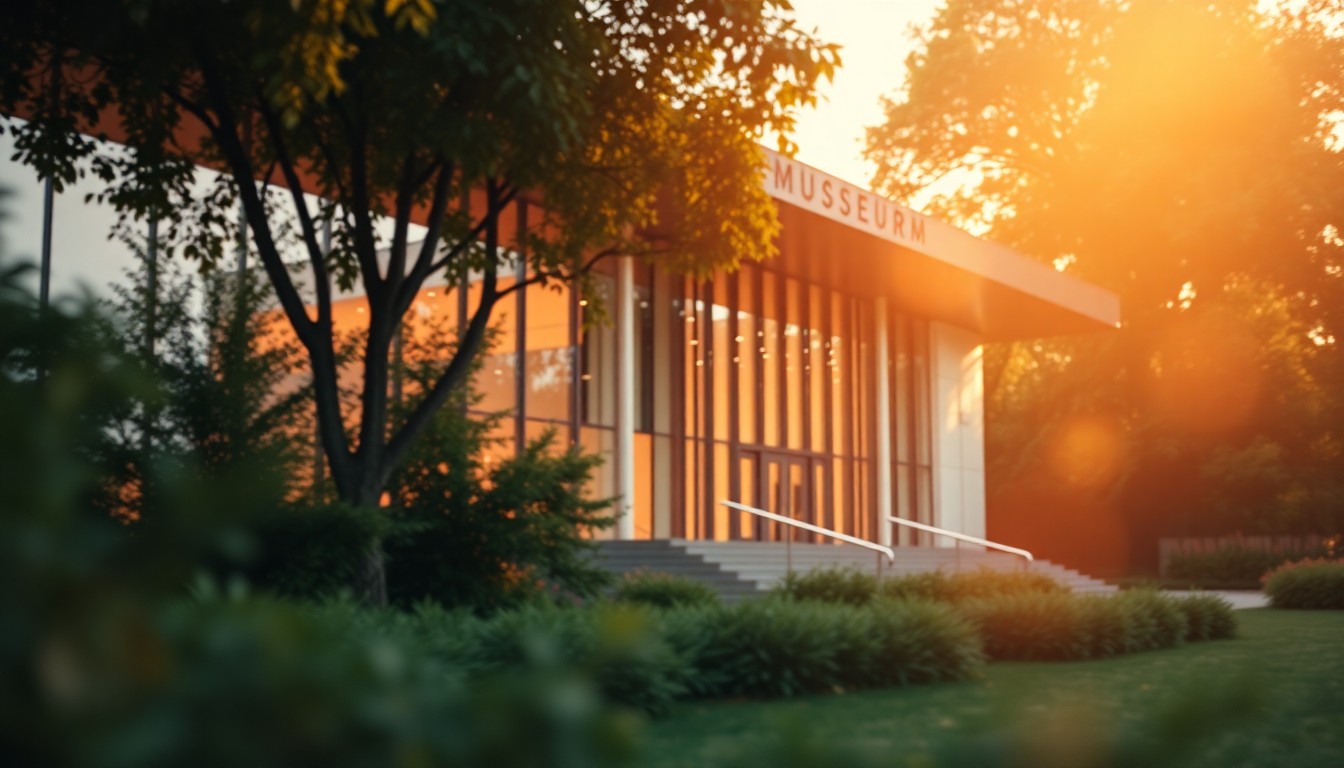 An abstract, impressionistic photograph of a museum building's exterior, with the architecture blurred into soft, warm pools of light and color, evoking a sense of nostalgia and historical significance.
