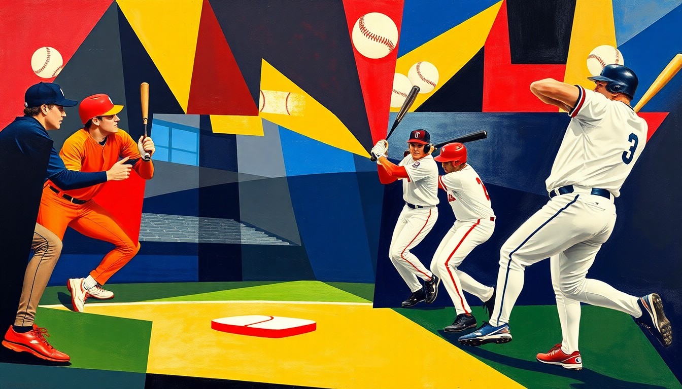 A cubist-style painting depicting the action of a college baseball game, with players, bats, and baseballs fragmented into sharp, overlapping geometric shapes in a vibrant color palette.
