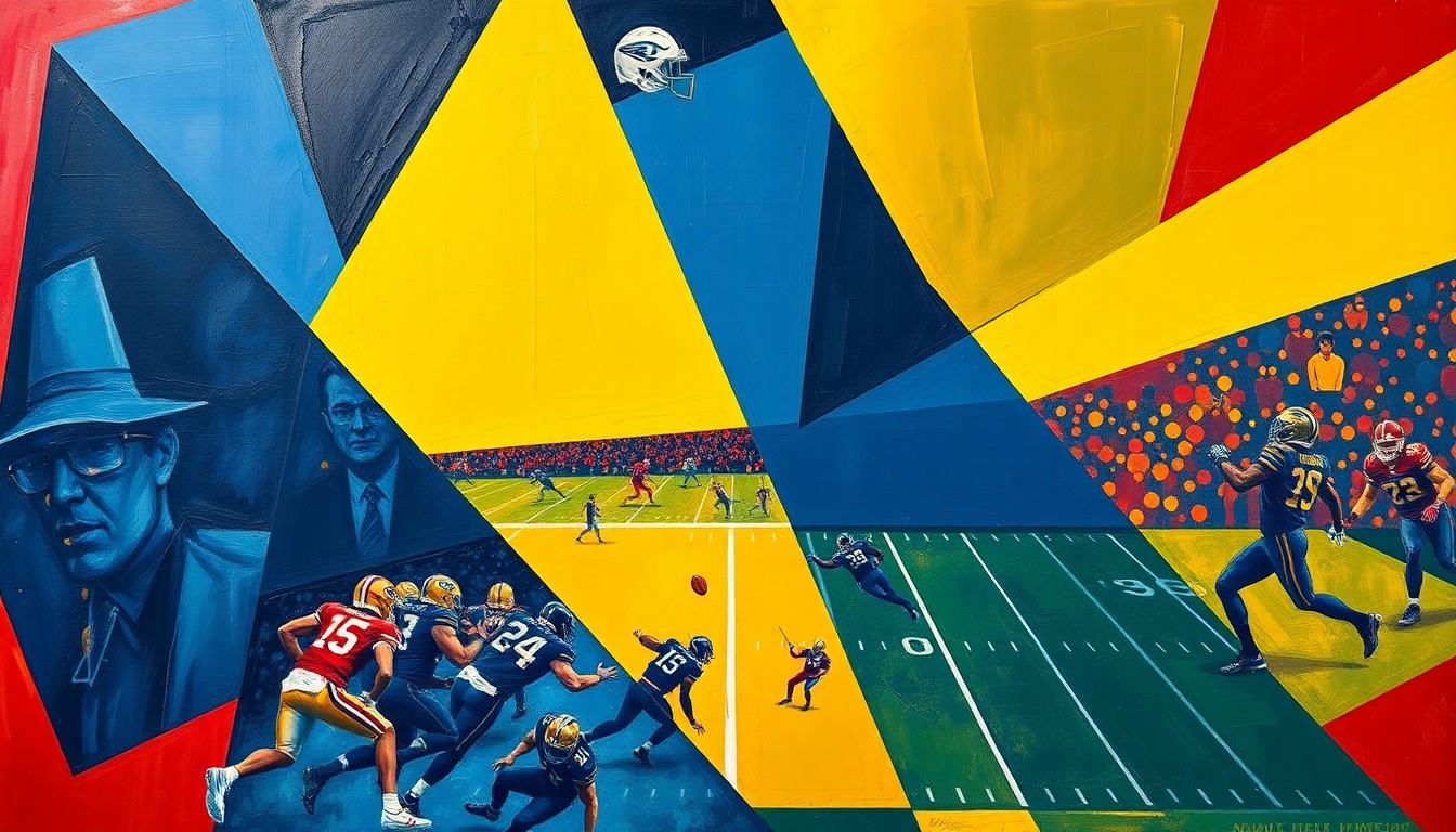 A cubist, geometric painting featuring abstracted football players and field, rendered in a vibrant color palette of navy, gold, and crimson, capturing the strategic planning and positional versatility of the Steelers' pre-draft prospect evaluations.
