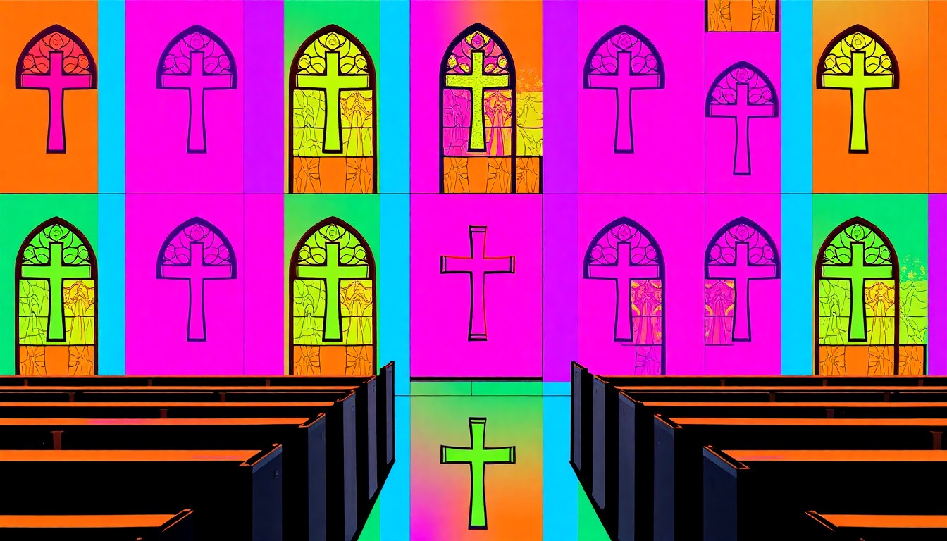A brightly colored, high-contrast silkscreen print of a single, iconic church object such as a cross or pew repeated in a tight grid pattern, capturing the vibrant energy and pop art aesthetic of the United Methodist Church's latest clergy appointments in North Alabama.
