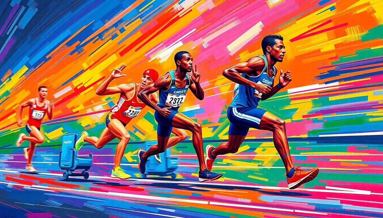 An abstract painting featuring bold, expressive brushstrokes in neon shades of yellow, orange, and blue, conveying the dynamic energy and movement of a track and field competition.