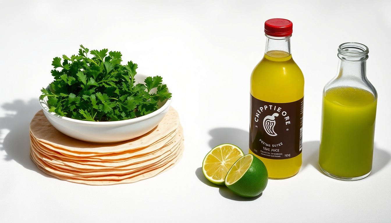 A minimalist studio still life photograph featuring a stack of fresh tortillas, a bowl of vibrant green cilantro, and a bottle of tangy lime juice, all arranged elegantly on a clean, white background to symbolize the premium ingredients and flavors of Chipotle's Mexican cuisine.