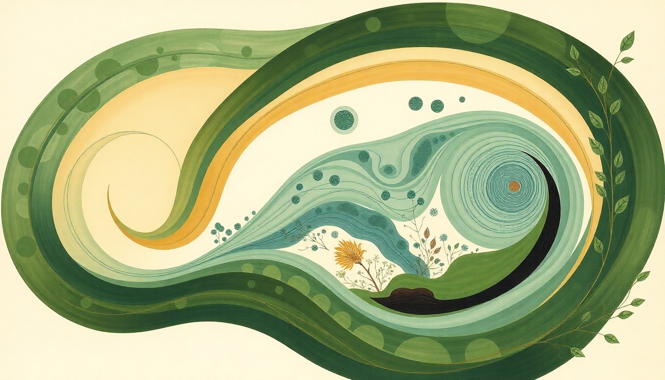 A bold, abstract painting in muted greens, blues, and browns, depicting the interconnected natural elements of a river ecosystem through sweeping geometric shapes and organic botanical forms, representing the complex web of species that rely on a healthy river habitat.