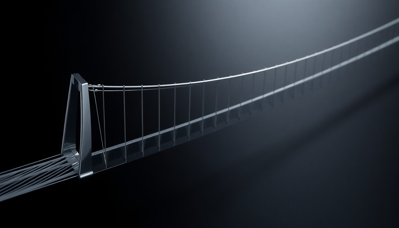 A photorealistic studio still life photograph showing a polished, chrome-plated scale model of a modern bridge suspension cable floating on a clean, matte black background, with dramatic studio lighting casting deep shadows to symbolize the engineering precision required for large-scale infrastructure projects.