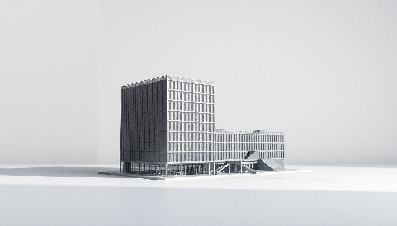A photorealistic studio still-life photograph featuring a sleek, geometric model of a modern office building or tech campus, rendered in polished metal and glass materials against a clean, monochromatic background. The building model is positioned to convey a sense of uncertainty, with dramatic shadows and lighting to symbolize the shifting fortunes of the Oracle project.