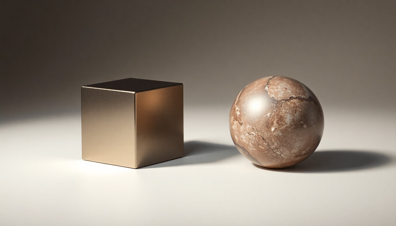 A minimalist, high-contrast studio still life featuring a polished metal cube and a smooth, spherical gemstone, conceptually representing the mining industry and global investment.