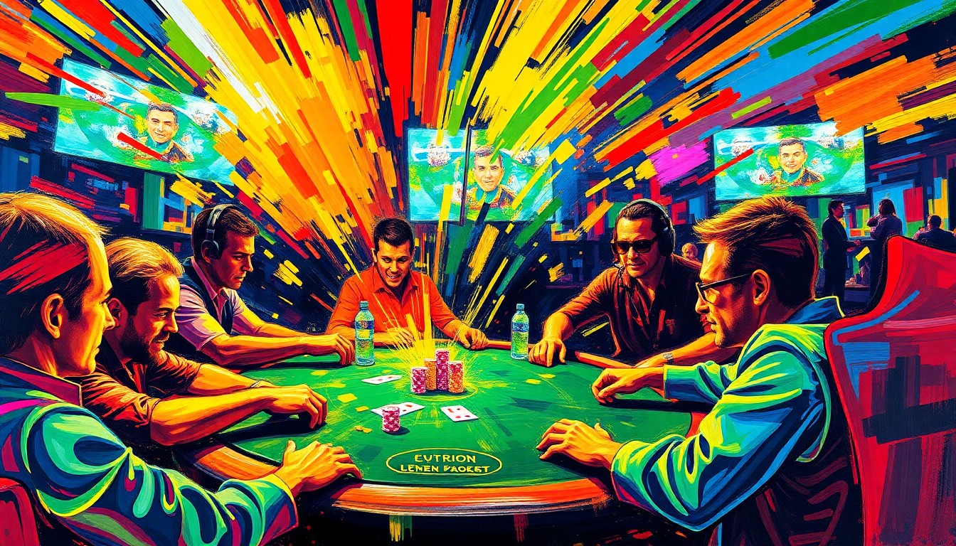 An abstract painting with bold, energetic brushstrokes in neon shades of blue, green, and orange, conveying the excitement and intensity of a high-stakes online poker tournament.