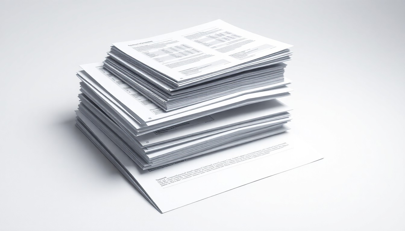 A photorealistic studio still life featuring a stack of financial reports and accounting ledgers arranged on a clean white background, using dramatic lighting and shadows to symbolize the complexities of corporate compliance.