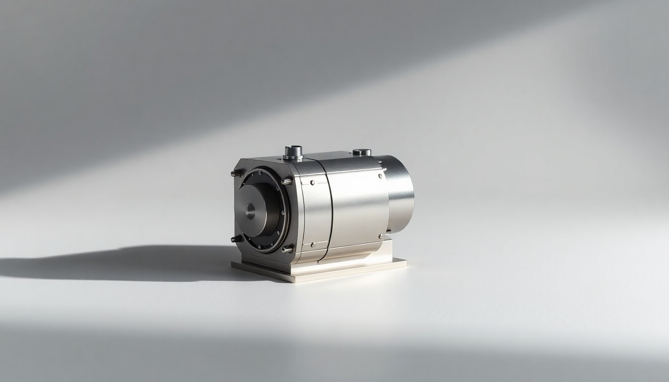 A photorealistic studio still life photograph showing a polished, geometric metal model of a small modular nuclear reactor on a clean, monochromatic background, using dramatic lighting and shadows to symbolize the complex corporate and financial issues surrounding the technology.