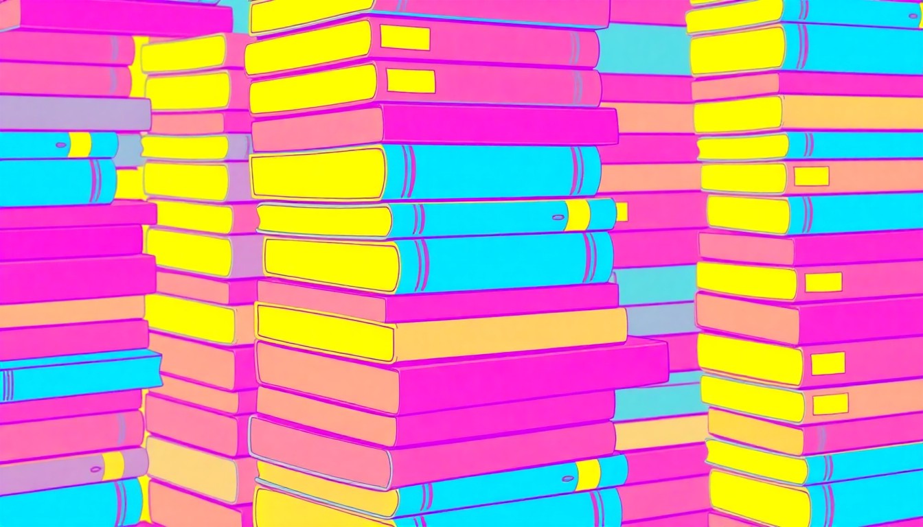 A bold, colorful silkscreen illustration featuring a repeating pattern of children's books in vibrant neon shades, conceptually representing the importance of education and resources for foster youth.