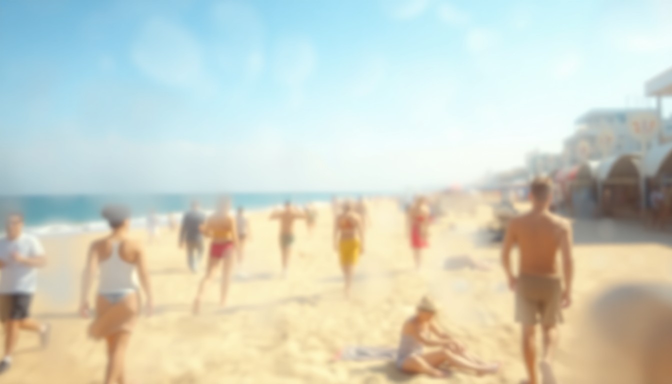 An abstract, impressionistic photograph showing a blurred scene of people enjoying a sunny day at a public beach, with soft pools of warm, golden light and hazy, pastel colors.