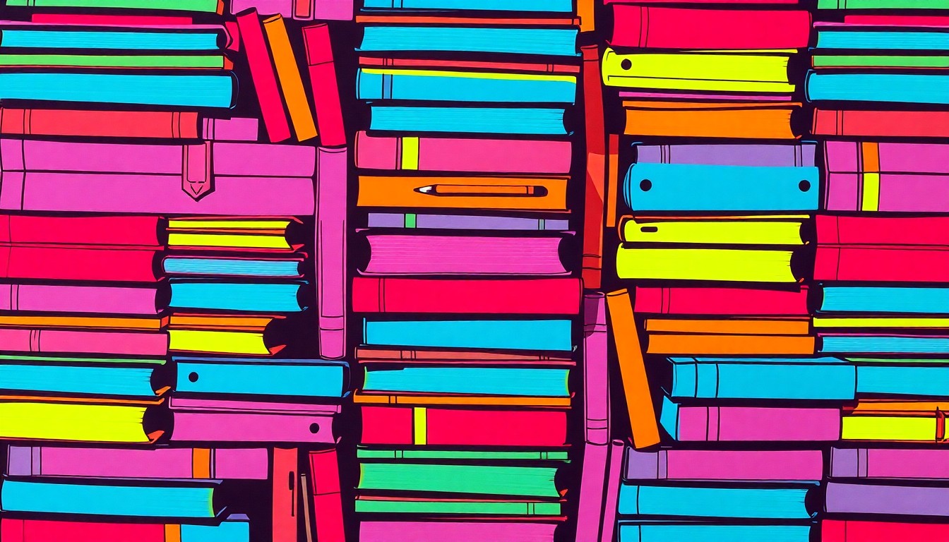 A bold, colorful silkscreen-style illustration featuring a repeating grid of school supplies like textbooks, pencils, and notebooks, conceptually representing the Leominster school district's new budgeting process.