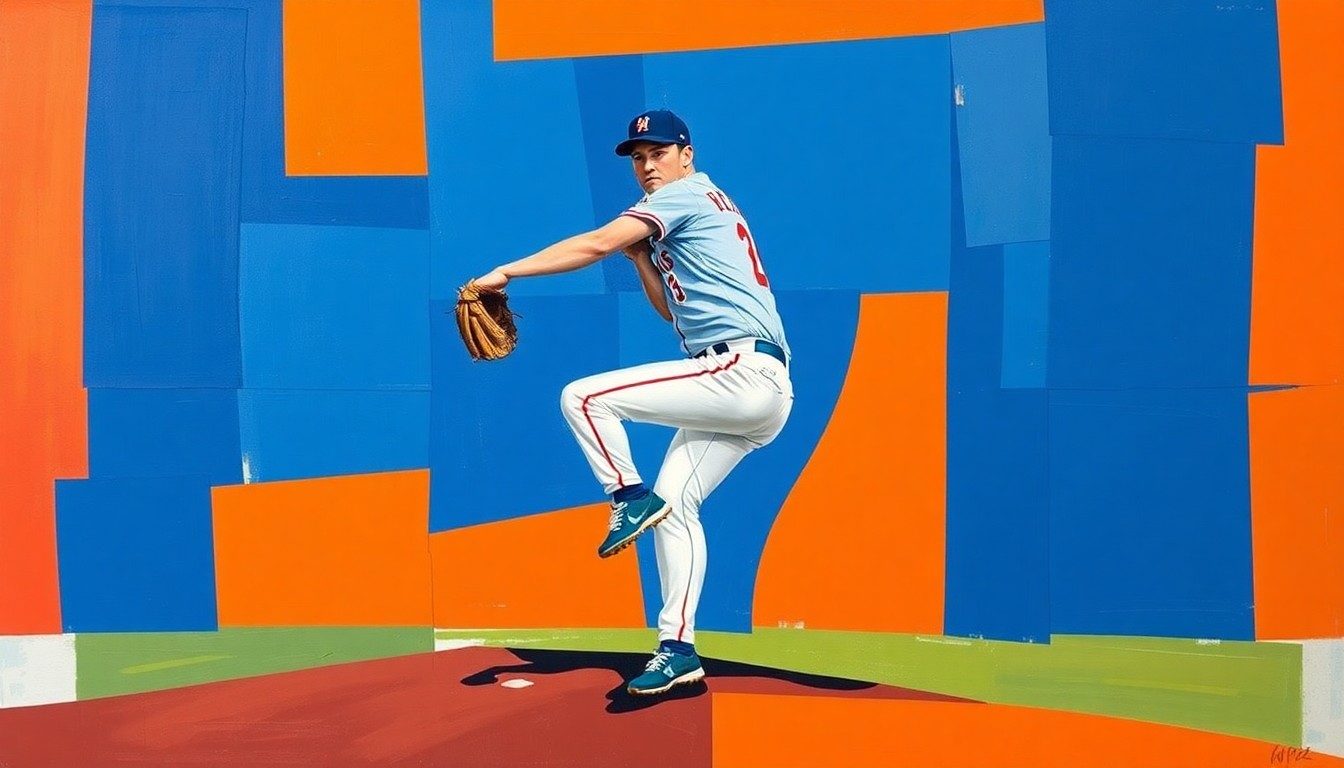 A cubist, geometric painting depicting the fractured motion of a baseball pitcher, with sharp planes of Mets blue, orange, and white, conceptually representing the team's rotation options.