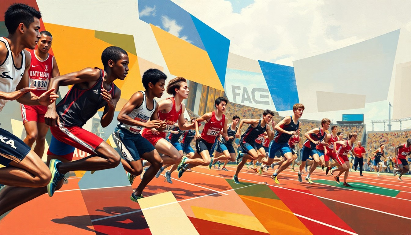 A fragmented, geometric painting depicting the dynamic movements and energy of a high school track and field competition, with athletes' forms broken down into sharp, overlapping planes of color and shape.