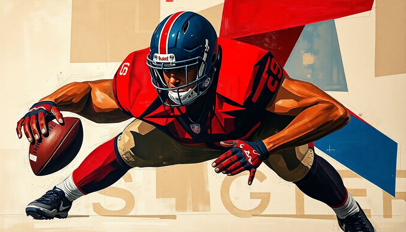 A cubist-style painting depicting an offensive lineman's blocking motion broken down into overlapping geometric shapes and planes in a palette of deep reds, navy blues, and earthy browns, conceptually representing the power and technical skill of a top high school recruit.