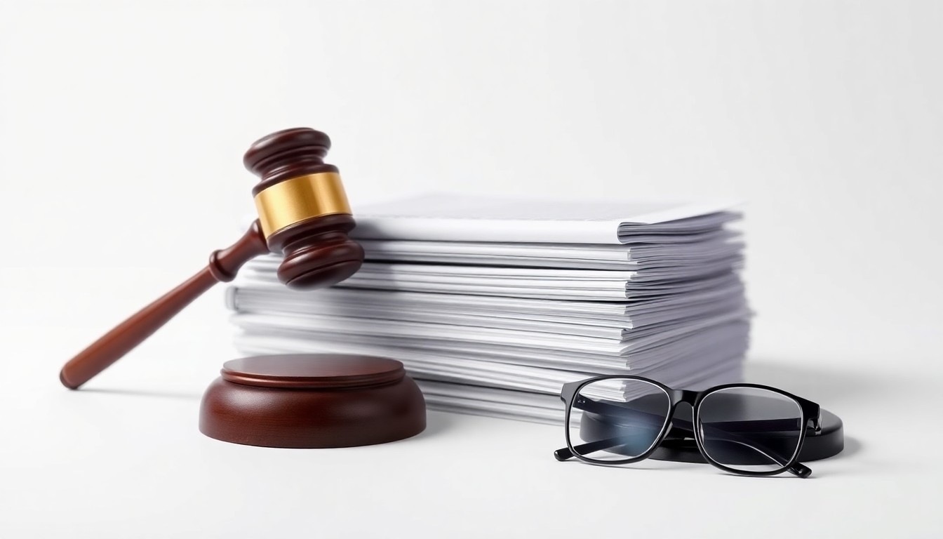 A minimalist, photorealistic studio still life featuring a stack of legal documents, a gavel, and a pair of reading glasses, symbolizing the legal expertise and prosecutorial experience that Lutzko brings to BakerHostetler.