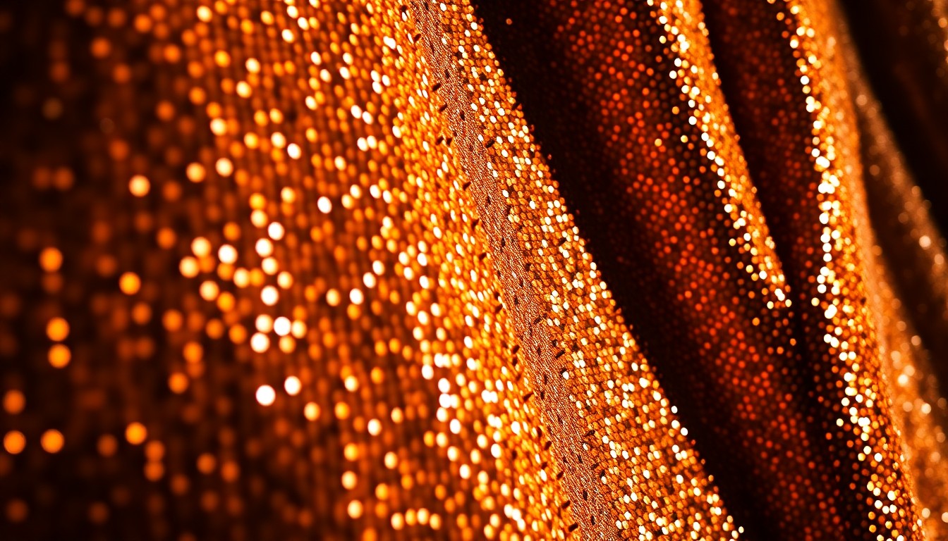 An extreme close-up photograph of a heavily textured, glittering sequin fabric in dramatic high-contrast studio lighting, conceptually representing the glamour and resilience of a music performer.