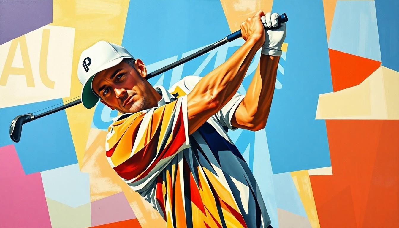 A fragmented, cubist-style painting depicting the dynamic motion of a golfer's swing, with the player's body and face abstracted into sharp, overlapping geometric shapes in a vibrant color palette.