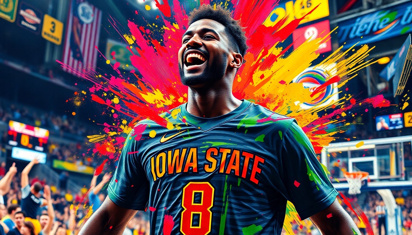 An extreme close-up of Jimmy Butler's face and jersey dissolving into a vibrant, expressionist painting of neon brushstrokes, capturing the energy and excitement of the NBA player's endorsement of the Iowa State volleyball team.