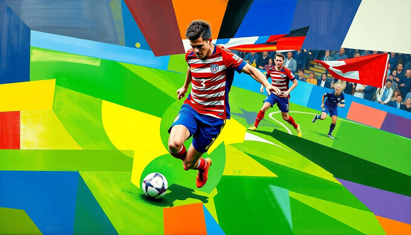 A fragmented, geometric painting depicting a soccer player in mid-action, their body and the field broken down into sharp, overlapping planes of color, conveying the energy and uncertainty surrounding the USMNT's World Cup preparations.