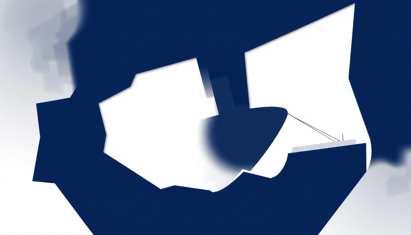 An abstract, minimalist illustration using stark, geometric shapes in shades of blue, white, and silver to conceptually represent the RMS Titanic and its tragic sinking.