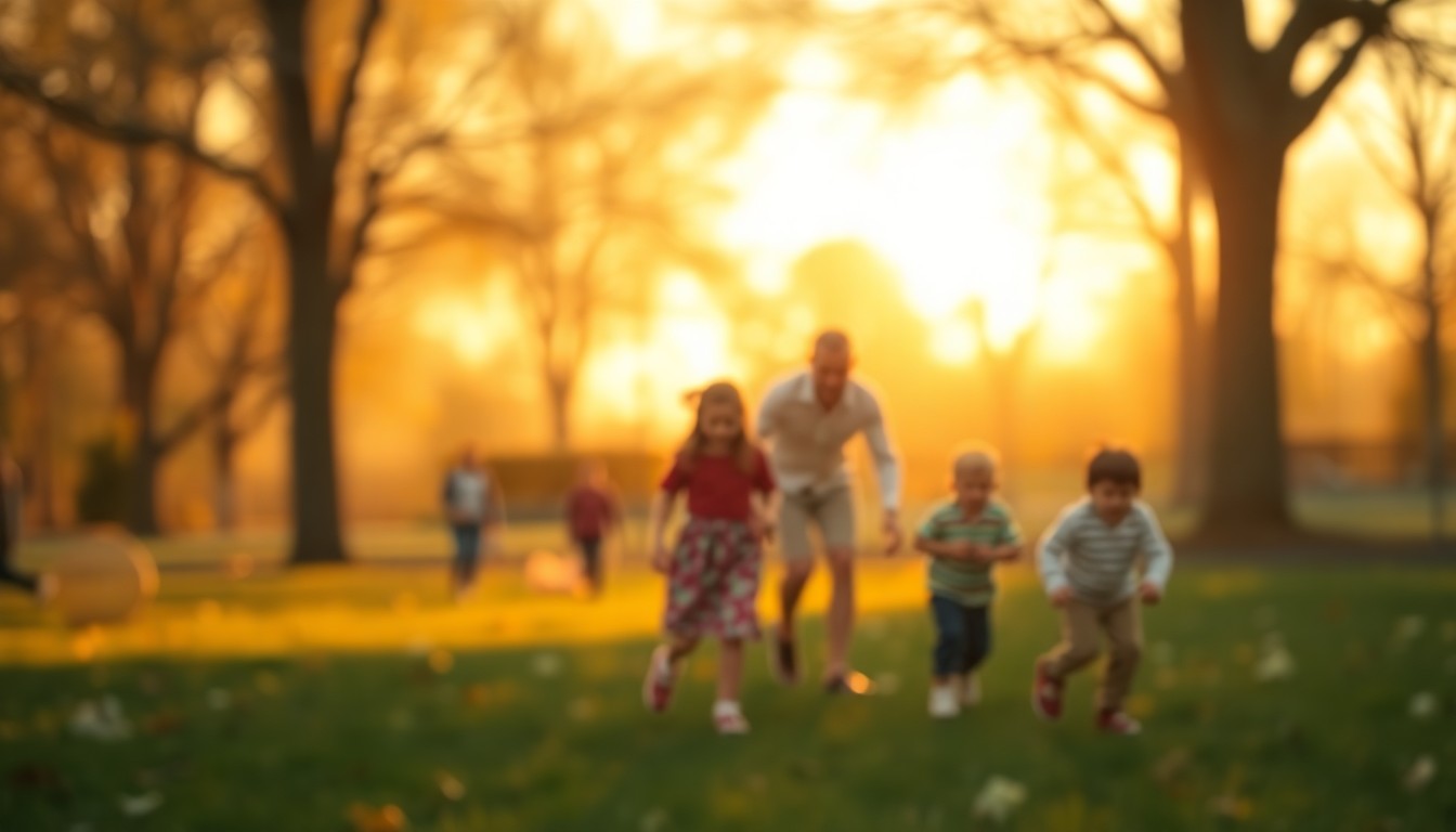 An extremely abstracted, out-of-focus photograph of a family playing at a park, with warm pools of light and color creating a dreamlike, nostalgic atmosphere that captures the joyful energy of a spring break getaway.